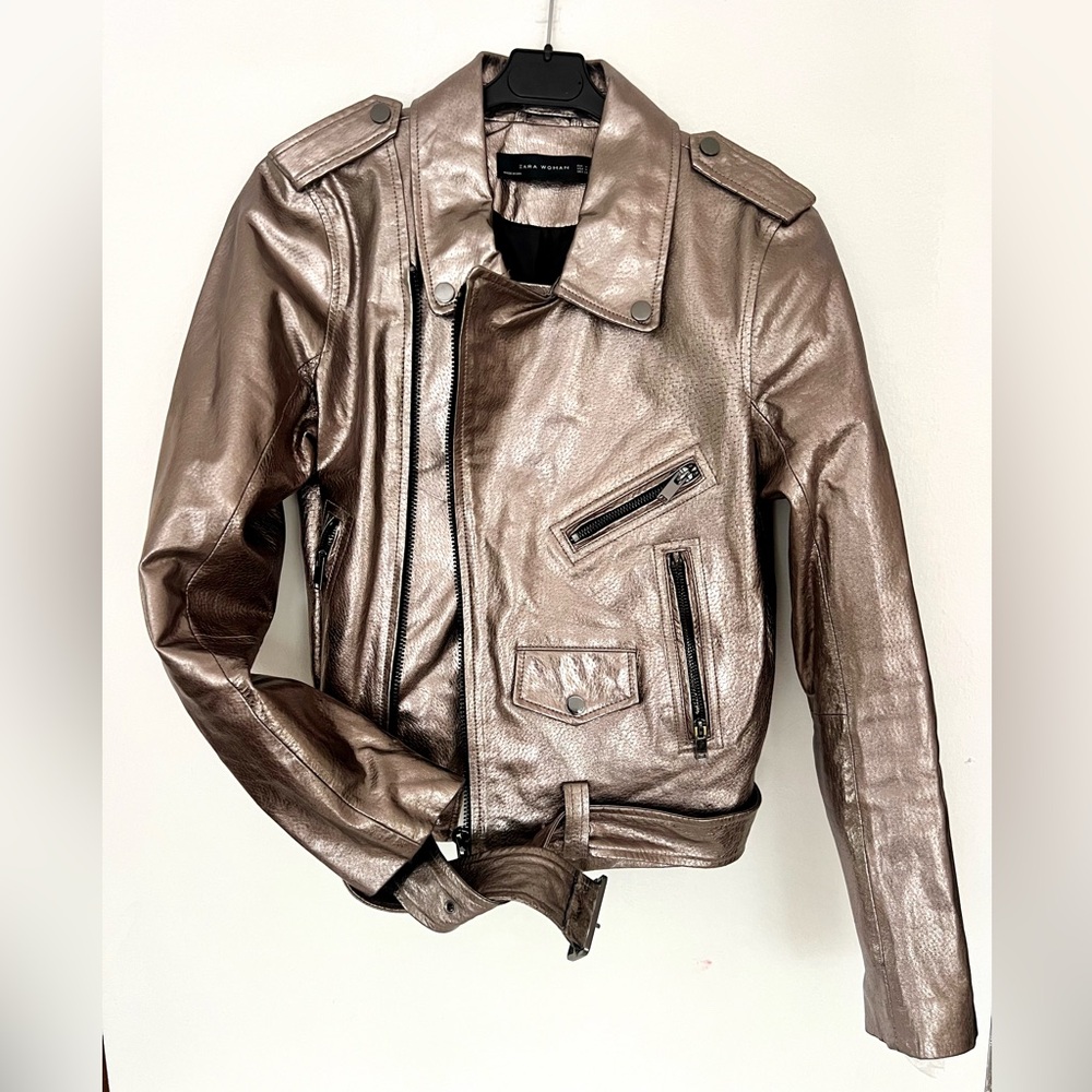 Zara Gunmetal Silver Metallic Genuine Leather Biker Motorcycle Jacket with Belt!